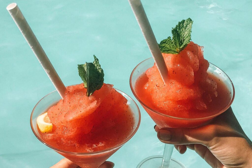 frozen cocktails with watermelon and rosé by the pool