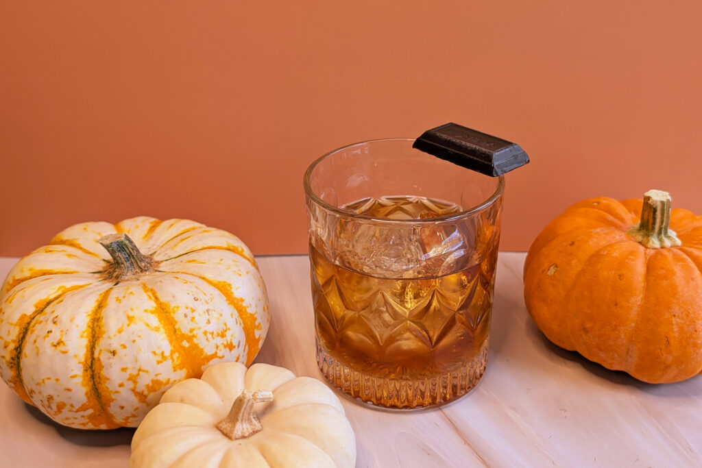 old fashion cocktail with pumpkins and chocolate; halloween cocktails