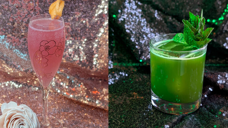 pink and green wicked-themed cocktails